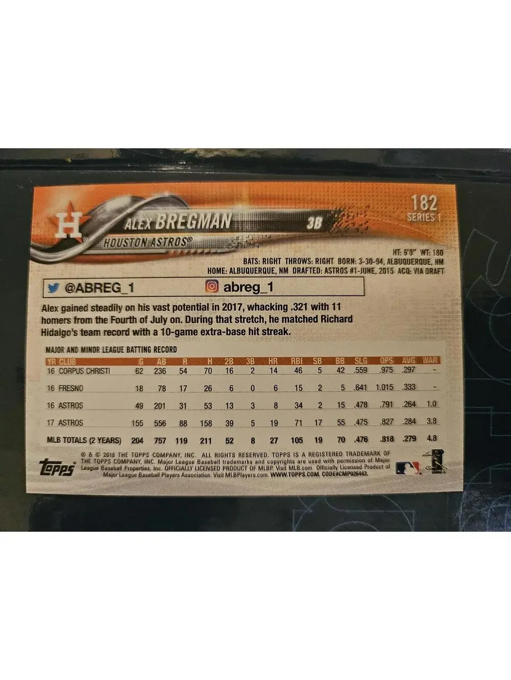 Alex Bregman - orange jersey- 2018 Topps  #182 - RAW Mint
